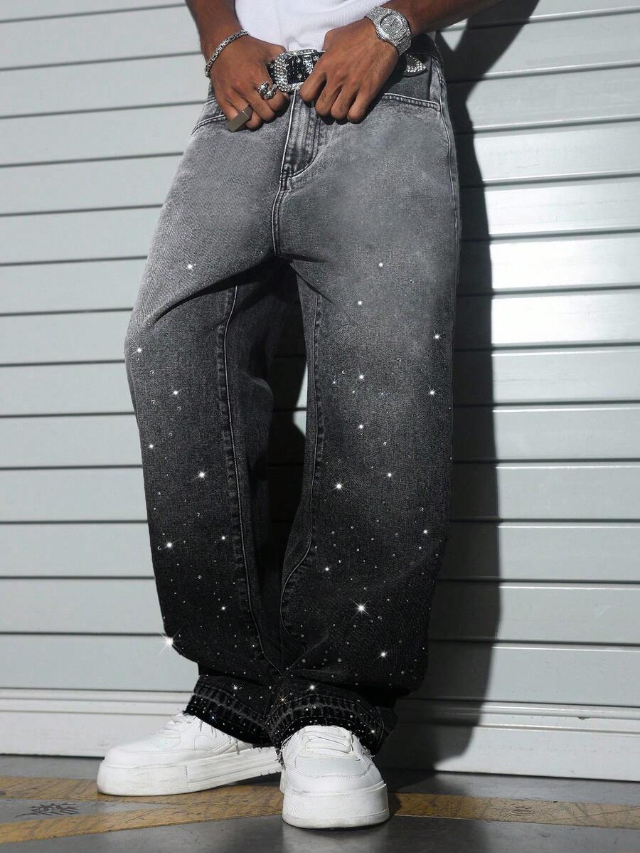 Manfinity EMRG Men's High Street American Streetwear Gradient Washed Rhinestone Embellished Loose Wide Leg Jeans,Black,Autumn,Rave Grey Baggy Pants Gift For Husband - Black - View 1