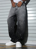 Manfinity EMRG Men's High Street American Streetwear Gradient Washed Rhinestone Embellished Loose Wide Leg Jeans,Black,Autumn,Rave Grey Baggy Pants Gift For Husband - Black - View 1
