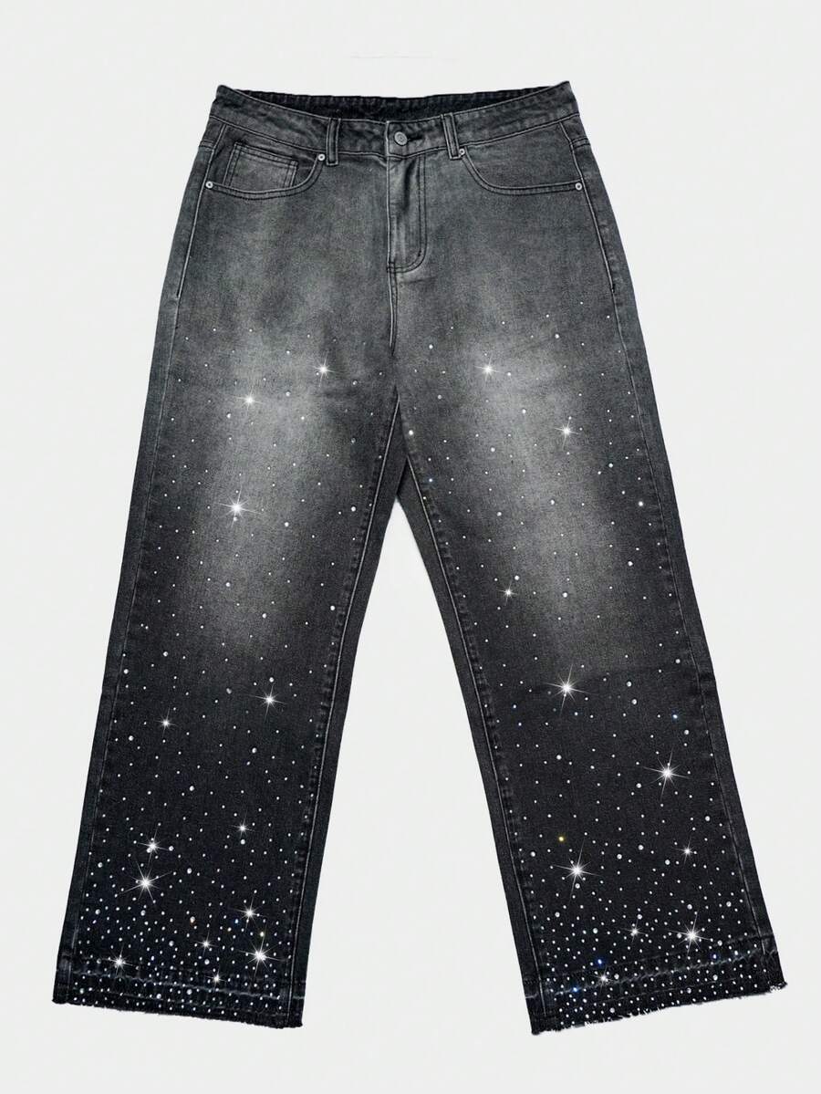 Manfinity EMRG Men's High Street American Streetwear Gradient Washed Rhinestone Embellished Loose Wide Leg Jeans,Black,Autumn,Rave Grey Baggy Pants Gift For Husband - Black - View 4