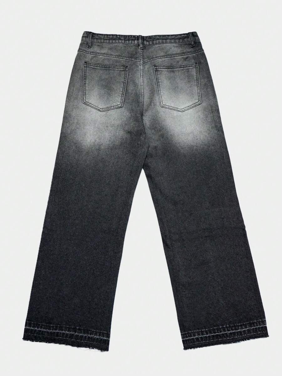 Manfinity EMRG Men's High Street American Streetwear Gradient Washed Rhinestone Embellished Loose Wide Leg Jeans,Black,Autumn,Rave Grey Baggy Pants Gift For Husband - Black - View 7